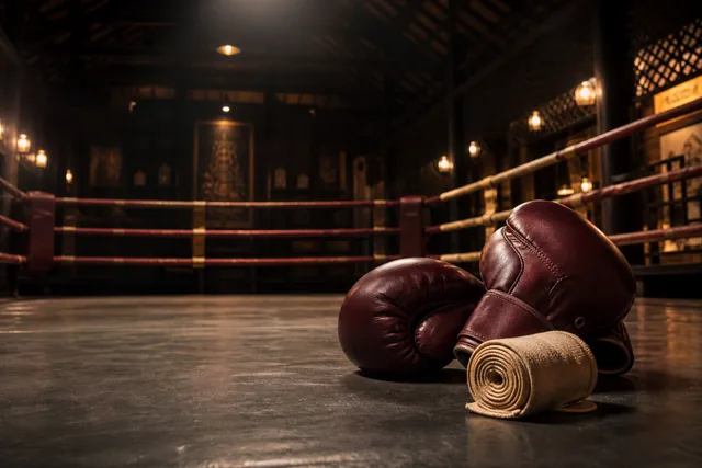 นวมมวยและผ้าพันมือบนเวทีมวยไทยภายใต้แสงไฟอุ่น